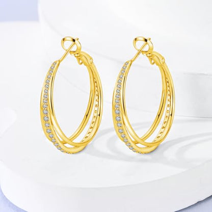 Parmuz 925 Sterling Silver Earrings Hoops for Women Ladies Simple Lightweight Twisted Medium Hoop Earrings With Cubic Zirconia Hypoallergenic Jewelry for Her - color: Gold
