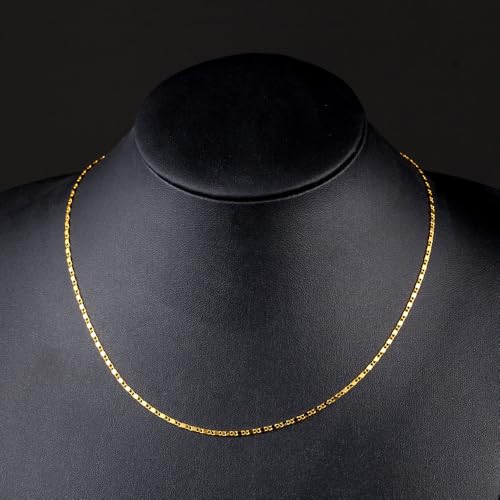 Gold Silver Necklace Chain With Adjustable Lobster Clasp, Diamond Cut Geometric Gold Beads Stationed on Dainty 2mm Cable Box Chain, 16 Inches Rolo Oval Figaro Link Singapore Chain. - color: Gold02