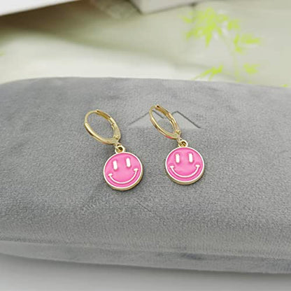 Preppy Earrings for Women Smile Face Heart Charms Pendants Gold Small Huggie Hoop Dangle Drop Earrings Trendy Y2K Jewelry Gifts - color: Smile-Pink