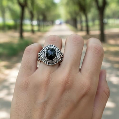 Retro Eye Shape Punk Ring, Jade Agate Natural Gemstone, S925 Sterling Silver, Wide Band, Cocktail Party Bohemian Jewelry for Women - color: Ring_B