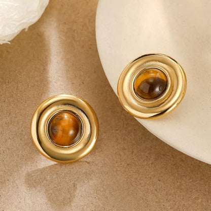 Brown Earrings Circle Chunky Earrings for Women Trendy 18K Gold Plated Stud Hoop Stainless Steel Hypoallergenic - color: Round Disc Stud