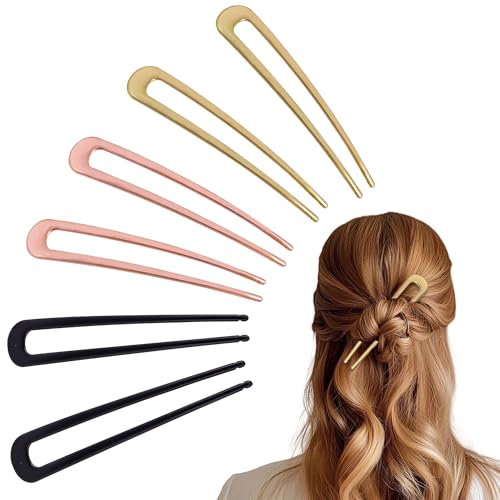 6Pcs Metal French Hair Pins for Women U Shape Sticks 3.9 Inch Vintage Fork for Hairstyle Accessories(Black/Gold/Rosegold) - color: Black/Gold/Rosegold
