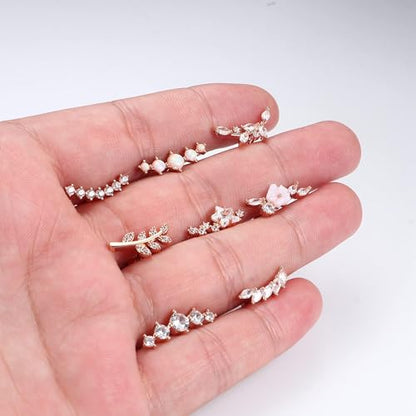8Pcs Stainless Steel 16G Conch Piercing Jewelry Helix Cartilage Earrings | Flower Opal CZ Stud Earrings Set with Flat Back for Women, 18K Gold Plated, Silver, Rose Gold - color: Rose Gold