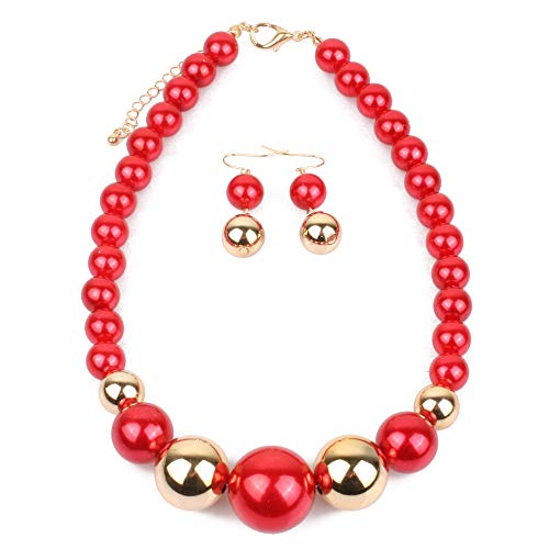 Fuqimanman2020 Chunky Large Simulated Pearl Choker Necklace Drop Dangle Earrings Crystal Bib Big Round Beaded Strand Multicolor Costume Statement Wedding Jewelry Set for Women Brides - color: Red B