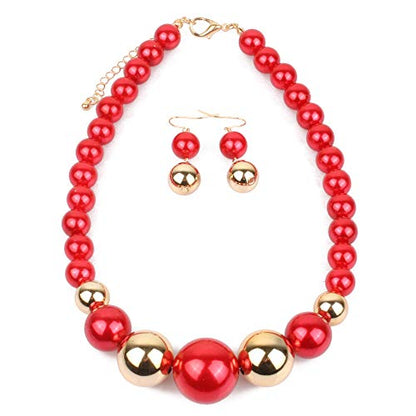 Fuqimanman2020 Chunky Large Simulated Pearl Choker Necklace Drop Dangle Earrings Crystal Bib Big Round Beaded Strand Multicolor Costume Statement Wedding Jewelry Set for Women Brides - color: Red B