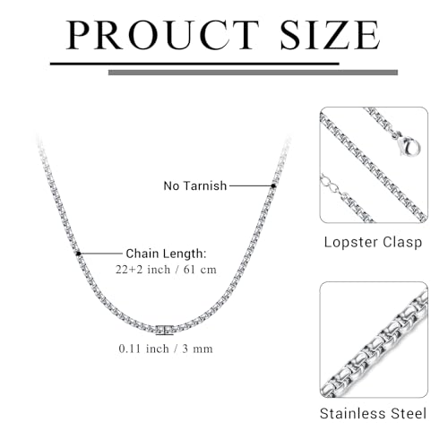 Eusense Stainless Steel Chain Necklace for Men Women Rolo/Wheat/Snake/Box Chain, 2-3MM, 20-24 Inches with Delicate Gift Box - color: Silver, size: 22+2 Inches Length, style: Rolo Chain-3MM Width