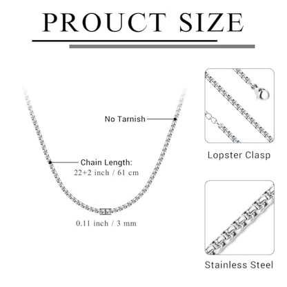 Eusense Stainless Steel Chain Necklace for Men Women Rolo/Wheat/Snake/Box Chain, 2-3MM, 20-24 Inches with Delicate Gift Box - color: Silver, size: 22+2 Inches Length, style: Rolo Chain-3MM Width