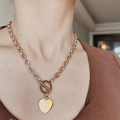 WangGao Elegent Love Stainless Steel Link Chain Blank Heart Charms Necklace for Women Toggle Clasp Closure - color: Rose Gold, size: 19.6inches