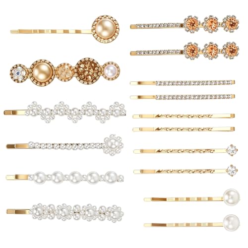16 Pack Gold Rhinestone Pearl Decorative Bobby Pins Set Cute Hair Barrettes | Gold Hair Clips, Metal Hairs Pin, Small Fancy Bobby Pins for Women, White Bobby Pin, for Women