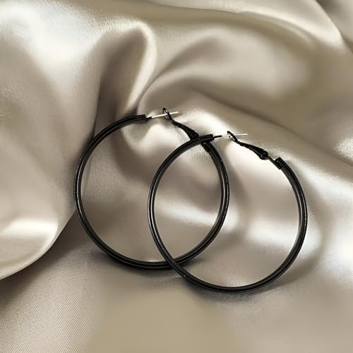 Hoop Earrings for Women Leather Hoop Earrings-Medium/Large Hoops-Lightweight hoop - color: Black
