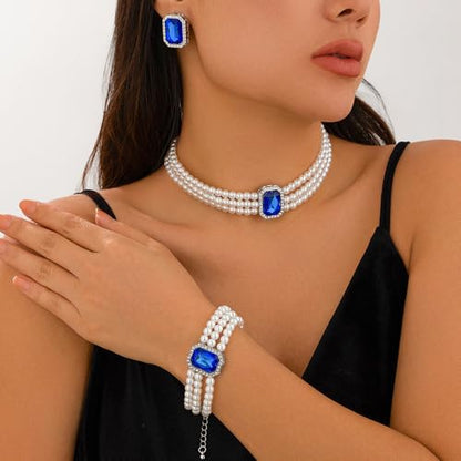 Wekicic Faux Pearl Necklace Earrings Set for Women Crystal Pearl Choker Necklace Bracelet Set 1920s Jewelry for Wedding Party - color: Blue