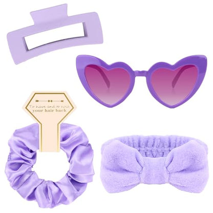Semato 4 Pcs purple Bridesmaid Proposal Gifts Bridesmaid Spa Headband, Hair Claw Clips, Heart Shaped Sunglasses and Smooth Satin Scrunchies - color: Purple