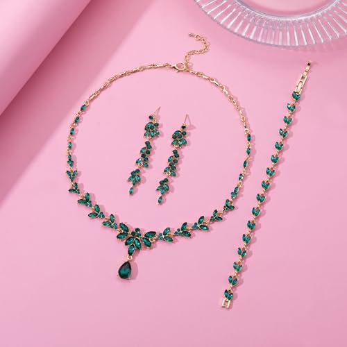 Paxuan Wedding Jewelry Sets for Bride Bridesmaid Bridal Jewelry Set for Women Wedding Crystal Necklace Earrings Bracelet Set for Party Prom Jewelry - color: Emerald Green - Gold