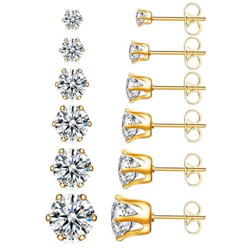 6 Pairs Hypoallergenic Stainless Steel Stud Earrings Cubic Zirconia Earrings Set 14K Gold Plated Multipack 3-8mm - color: Gold