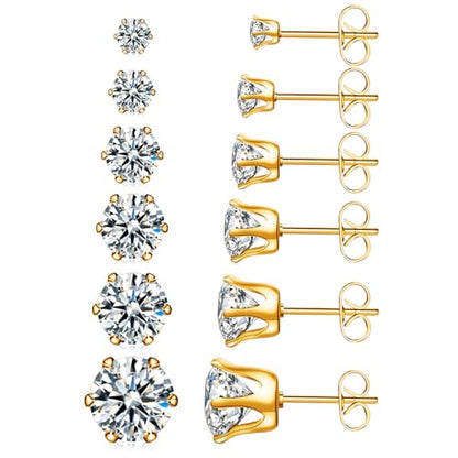 6 Pairs Hypoallergenic Stainless Steel Stud Earrings Cubic Zirconia Earrings Set 14K Gold Plated Multipack 3-8mm - color: Gold