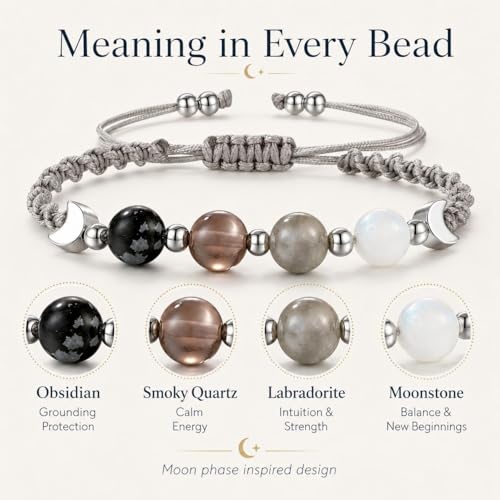 Moon Phase Bracelet for Women, Natural Stone Beaded Bracelet with Crescent Moon Charm, Black Grey White Stretch Bracelets with Message Card, Celestial Jewelry Gift for Women