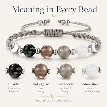 Moon Phase Bracelet for Women, Natural Stone Beaded Bracelet with Crescent Moon Charm, Black Grey White Stretch Bracelets with Message Card, Celestial Jewelry Gift for Women