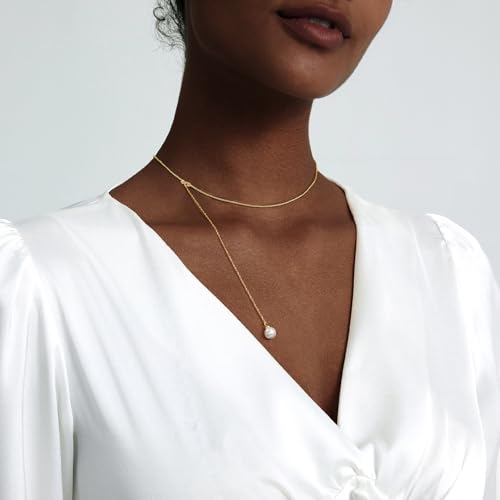 Luxval Lariat Gold Necklace for Women, Dainty Long Necklace 14k Gold Plated/Silver Y-Shaped Pendant Necklaces Trendy Beaded Chain Drop Necklaces Jewelry for Women Gifts - color: Gold-adjustable Pearl