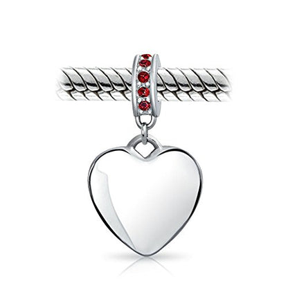 Bling Jewelry .925 Sterling Silver Blue Crystal Accent Bale Heart Shape Dangle Bead Charm for Bracelet - color: Dark Red Engrave