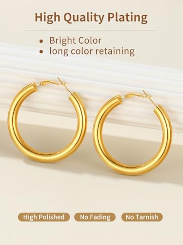 FindChic Hoop Earrings for Women, Silver/Black/14K Gold Plated Hypoallergenic Hollow Round Tube Loop Earrings, 20mm/30mm/40mm/60mm/80mm Chunky Hoops with Custom Name Options & Gift Box - color: c.Gold, size: 40MM