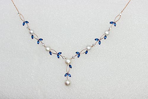 Faship Genuine Freshwater Pearls Floral Necklace Earrings Set | Premium CZ Crystal, Gorgeous, Sparkling - color: Blue / Rose Gold Plated