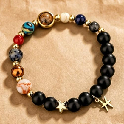 Solar System Planet Bead Zodiac Sign Stretch Bracelet for Men Women | Matte black beads with solar system planet stones, unisex design, perfect birthday holiday gift for men women - color: pisces