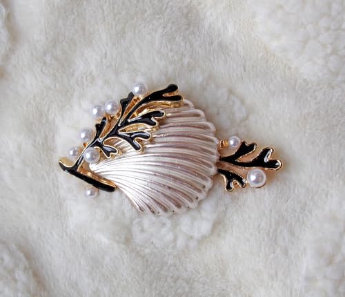 Silver Seashell Brooch Pin with Coral Enamel & Faux Pearls – Silver Plated Ocean Theme Statement Brooch, Nautical Beach Jewelry Gift for Women