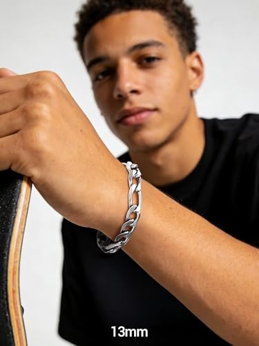 PROSTEEL Bracelets for Men, Figaro/Cuban Mens Bracelet, Silver/Gold/Black | 6/9/13mm Width, 7.5/8.3/9" Length, Stainless Steel Mens Bracelet, Durable & Non Tarnish, Chunky Jewelry with Gift Box - style: C 13mm-Figaro-Sliver