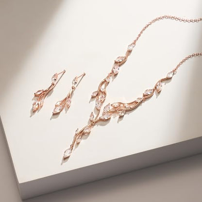 SWEETV Jewelry Set for Women, Cubic Zirconia Marquise Vine Cluster Bridal Earrings and Necklace Set, Bridal Jewelry Set for Wedding Prom - color: 02. Rose Gold