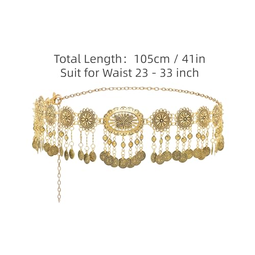 CHIC DIARY Metal Chain Belt for Women Coin Belly Link Tassel Belt for Dress | Boho Style Coin Pendant Tassel Belt Gold/Silver Adjustable Concho Belly Dance Belts for Dresses Skirts Jeans - color: Gold-dance