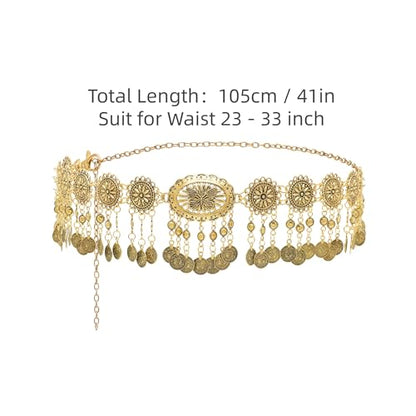 CHIC DIARY Metal Chain Belt for Women Coin Belly Link Tassel Belt for Dress | Boho Style Coin Pendant Tassel Belt Gold/Silver Adjustable Concho Belly Dance Belts for Dresses Skirts Jeans - color: Gold-dance