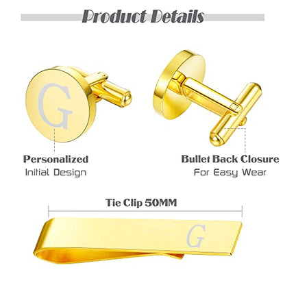 LOYALLOOK Black Initial Cufflinks and Tie Clip Set for Men Personalized Copper Cuff links and Tie Bar Letter Alphabet A-Z Gift for Father Husband Valentine Gifts for Men - color: G