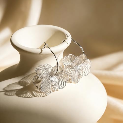 Boho Flower Earrings for Women - Gold/Silver Dangle Statement Earrings - Fun Floral Drop Jewelry with Backs for Droopy Ears - Trendy Gifts - color: Silver