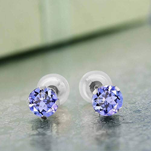 Gem Stone King 10K White Gold Tanzanite Stud Earrings For Women Men | 1.00 Cttw | Gemstone Birthstone | Round 5MM | Fine Jewelry Gifts for Women Mom Wife Her