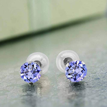 Gem Stone King 10K White Gold Tanzanite Stud Earrings For Women Men | 1.00 Cttw | Gemstone Birthstone | Round 5MM | Fine Jewelry Gifts for Women Mom Wife Her