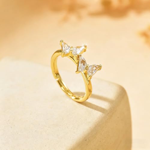 Adjustable Rings for Women 18K Gold Plated daisy Flower Butterfly Ball Cubic Zirconia Rings Dainty Open Stacking Ring - color: Double Butterfly-Gold