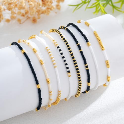 Colorful Stackable Rice Small Mini Seed Beaded Bracelets Set For Women, Handmade Dainty Boho Gold Glass Stretch Accessories Jewelry,Summer Beach Party Daily Friendship Gift - color: Black White