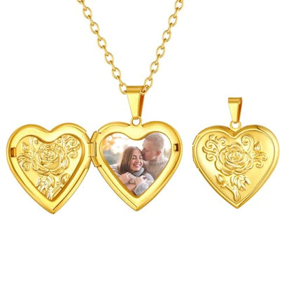 FindChic Locket Necklace for Women Custom Photo Memorial Gifts 4 Colors | Silver/Black/Rose Gold/Gold Plated Personalized for Loved Ones, Birthday Valentine's Day Keepsake - style: 12. Rose Relief (DIY)-Gold