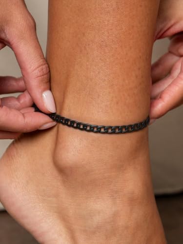 U7 Ankle Bracelets for Women Stainless Steel Waterproof Tarnish Resistant | 18K Gold Plated/Silver/Rose Gold Anklets, Cuban Chain Anklet Bracelets, Perfect for Summer Beach and Vacation Outfits - color: Black-5mm-Cuban Chain