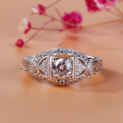 Jeulia Vintage Rings 925 Sterling Silver Round Cut Solitair Diamond Ring Wedding Engagement Statement Ring Band Anniversary Promise Bridal Set with Gift Box