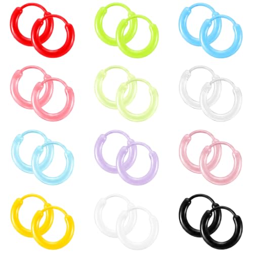 12Pairs Plastic Hoop Earrings for Sensitive Ears Colorful Resin Hoops | 14mm, Decorative Ear Jewels, Lightweight, Women Men for Sports, Daily, Parties, with Buckle