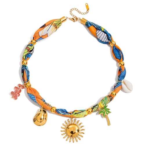 Boho Scarf Choker Necklace for Women Summer Beach Jewelry Gifts | Hypoallergenic, Waterproof, Multiple Charm Pendants, Great for Festivals, Swimming & Beach Vacations, Colorful Printed Fabric - color: Orange-A
