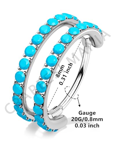 Nose Ring Hoop, 316L Stainless Steel Double Nose Rings, 20G Nose Piercing Jewelry for Women, Clear CZ Helix Cartilage Septum Nose Hoops - color: Turquoise-Silver-8mm