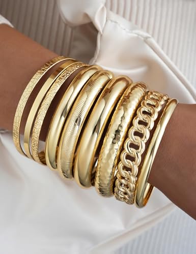 ÌF ME Gold Bangle Bracelets for Women, 19Pcs Multi Stackable Textured Bangles Set, 14K Gold Plated Chunky Bracelet Boho Jewelry Gifts - color: A-Gold-textured