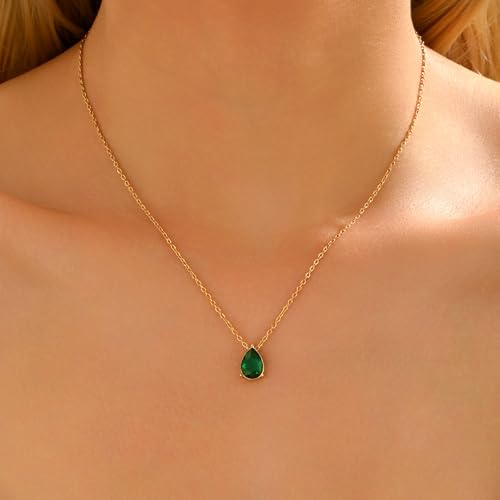 Cubic Zirconia Necklaces for Women 18K Gold Plated Tear drop Necklace Dainty Layered CZ Lariat Diamond Necklace - color: Green Teardrop-Gold
