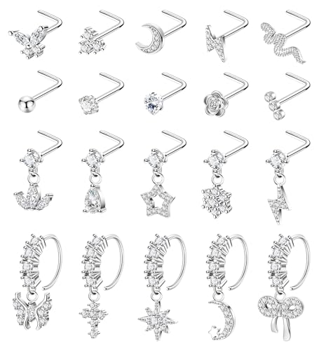REVOLIA 20PCS 20G Dangle Nose Rings for Women Surgical Steel Dangling Nose Rings L Shaped Nose Studs Hoops CZ Flower Butterfly Heart Nose Piercing Jewelry - color: Silver
