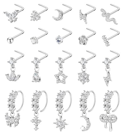 REVOLIA 20PCS 20G Dangle Nose Rings for Women Surgical Steel Dangling Nose Rings L Shaped Nose Studs Hoops CZ Flower Butterfly Heart Nose Piercing Jewelry - color: Silver