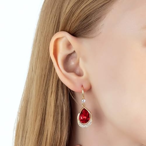 Austrian Crystal Halo Teardrop Hollow Drop Dangle Earrings for Women 14K Rose Gold Plated Hypoallergenic Jewelry Gifts - color: Red