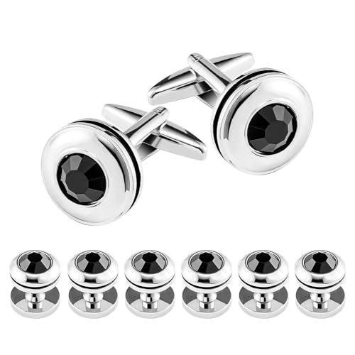 Cufflinks for Men and Tuxedo Shirt Studs Set with Gift Box Stainless Steel Cuff links - style: Black Crystal