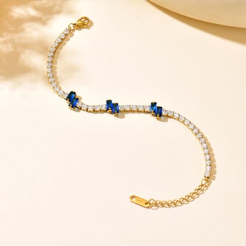 18K Gold Plated Cubic Zirconia Tennis Bracelet for Women Sparkling Stackable Stainless Steel Jewelry Hypoallergenic Tarnish Resistant Bridal Gift - color: Dark Blue Baguette CZ-Gold